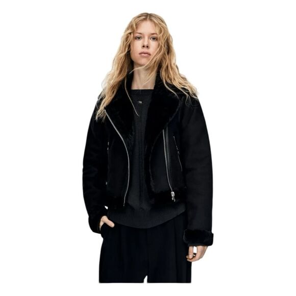 Pull & Bear Double-Faced Vegan Suede Jacket Black Faux Fur Lined Buckle Detail X - Picture 2 of 13
